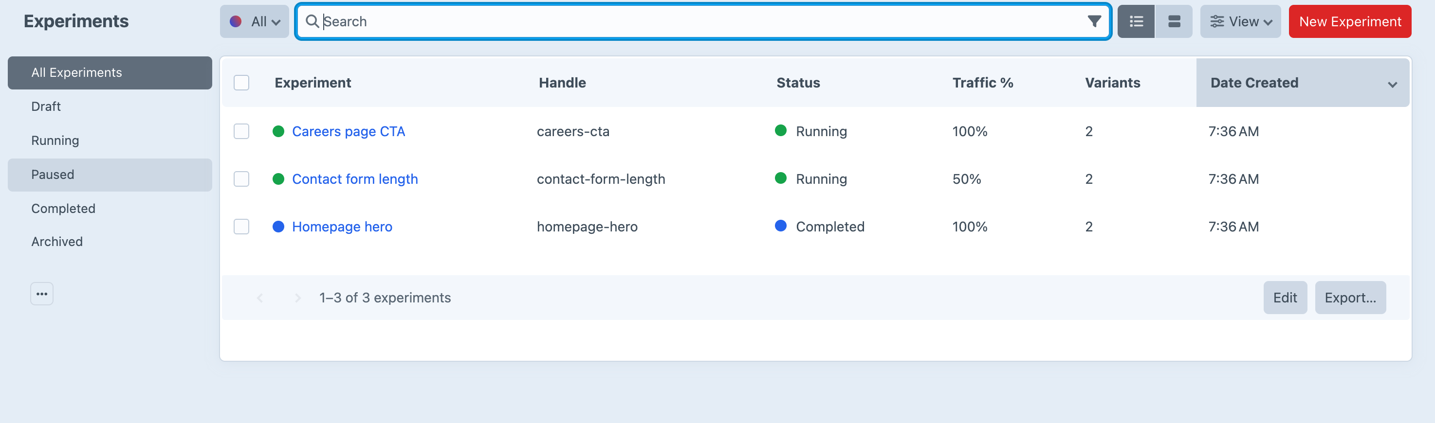 The Wink experiments screen in the Craft control panel listing three experiments with their handle, status, traffic percentage and variant count